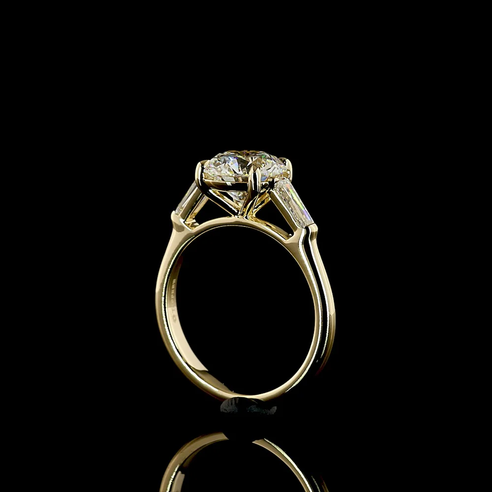 14K Yellow Gold Three-Stone Ring with 2.52 Carat Round Brilliant Lab Diamond and 0.54 Carat Tapered Baguette Side Stones - 3.06 Carats Total Diamond Weight - Covaloro Fine Jewelry - Image 3