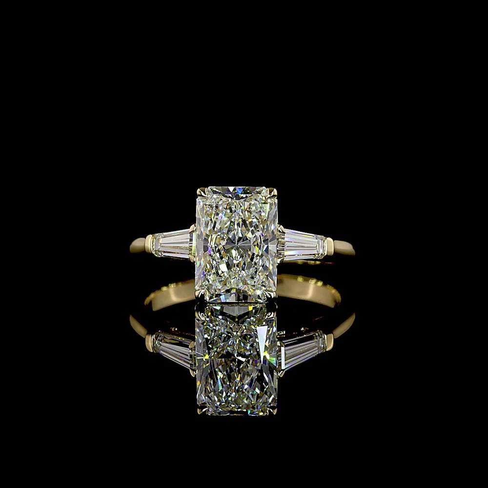 14K Yellow Gold Three Stone Ring with 2.58 Carat Radiant Cut Lab Diamond and Tapered Baguette Side Stones - 3.05 Carat Total Diamond Weight - Covaloro Fine Jewelry