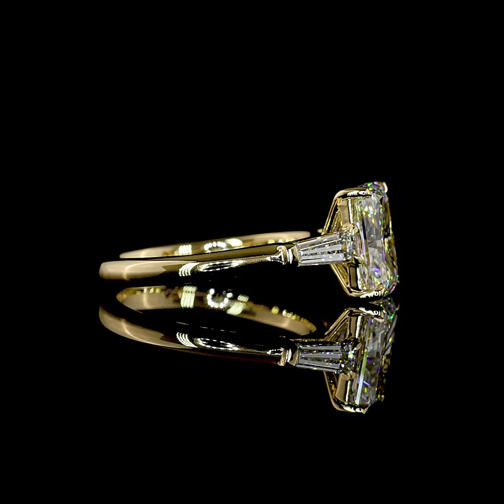 14K Yellow Gold Three Stone Ring with 2.58 Carat Radiant Cut Lab Diamond and Tapered Baguette Side Stones - 3.05 Carat Total Diamond Weight - Covaloro Fine Jewelry - Image 2