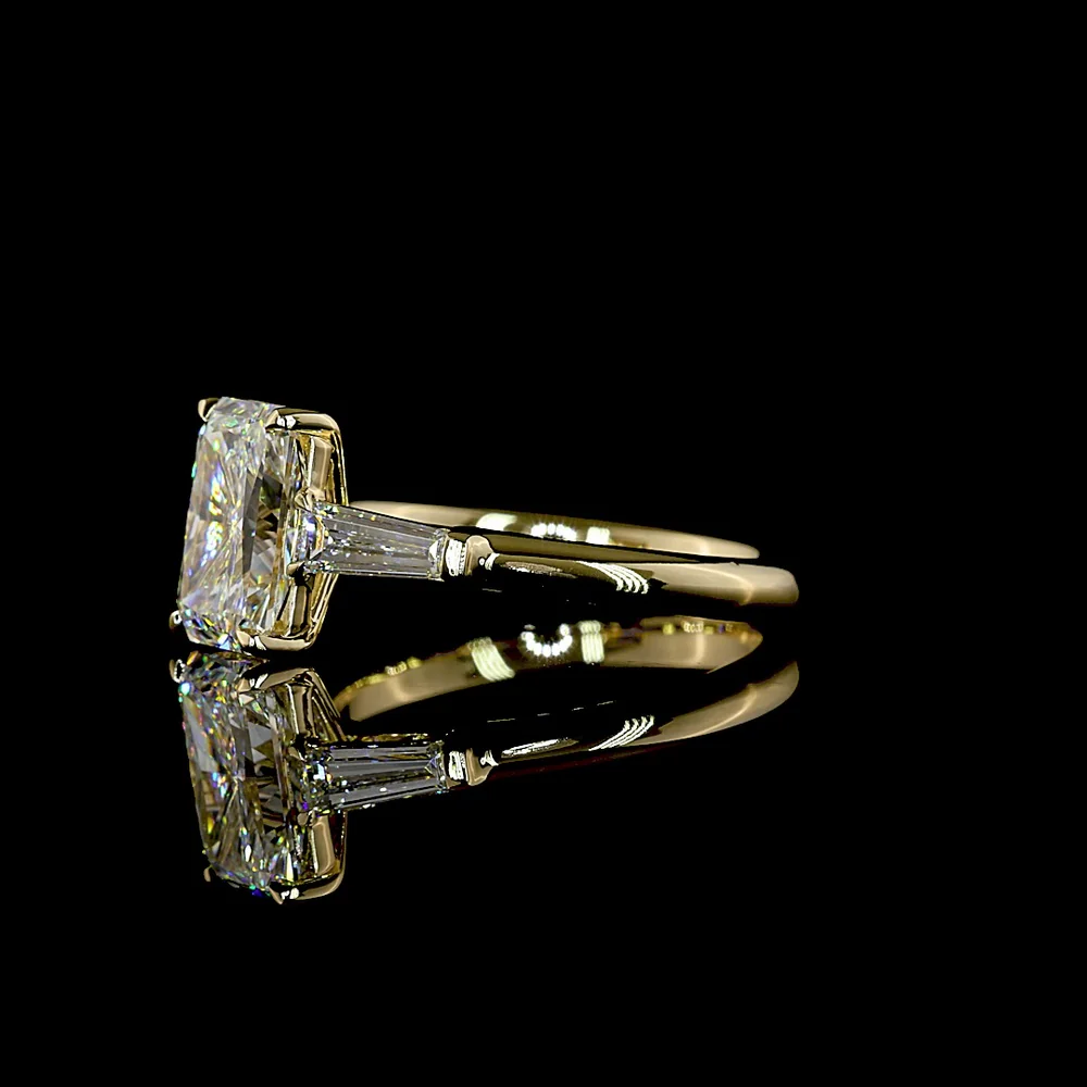14K Yellow Gold Three Stone Ring with 2.58 Carat Radiant Cut Lab Diamond and Tapered Baguette Side Stones - 3.05 Carat Total Diamond Weight - Covaloro Fine Jewelry - Image 3