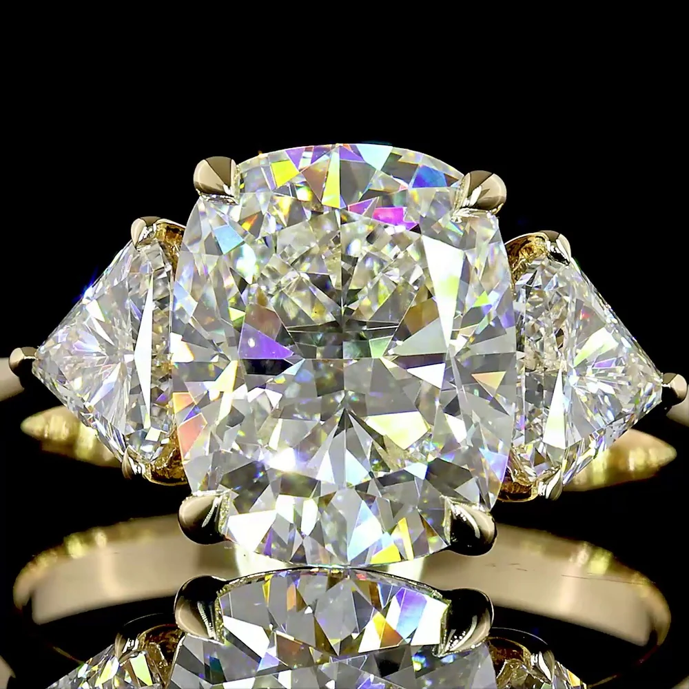 14K Yellow Gold Three Stone Ring with 3.55 Carat Cushion Brilliant Cut Lab Diamond and 1.02 Carat Shield Cut Side Diamonds - IGI Certified - 4.57 Carat Total Diamond Weight - Covaloro Fine Jewelry - Image 2