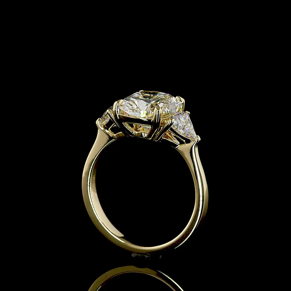 14K Yellow Gold Three Stone Ring with 3.55 Carat Cushion Brilliant Cut Lab Diamond and 1.02 Carat Shield Cut Side Diamonds - IGI Certified - 4.57 Carat Total Diamond Weight - Covaloro Fine Jewelry - Image 3