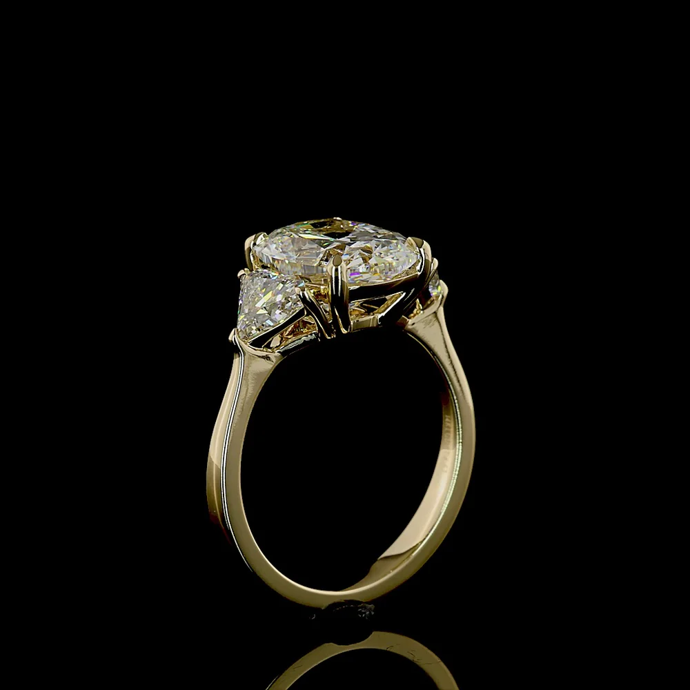 14K Yellow Gold Three Stone Ring with 3.55 Carat Cushion Brilliant Cut Lab Diamond and 1.02 Carat Shield Cut Side Diamonds - IGI Certified - 4.57 Carat Total Diamond Weight - Covaloro Fine Jewelry - Image 4