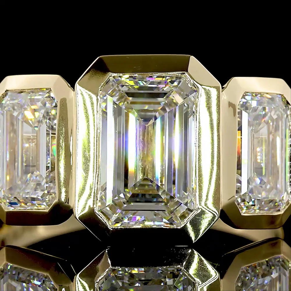 14K Yellow Gold Three-Stone Ring with 4.02 Carat Total Weight Emerald Cut CVD Lab Diamonds in Bezel Settings - Covaloro Fine Jewelry - Image 2