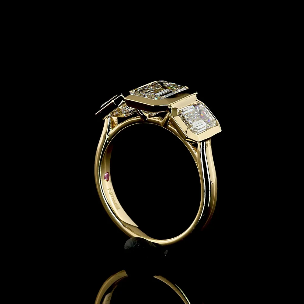 14K Yellow Gold Three-Stone Ring with 4.02 Carat Total Weight Emerald Cut CVD Lab Diamonds in Bezel Settings - Covaloro Fine Jewelry - Image 3