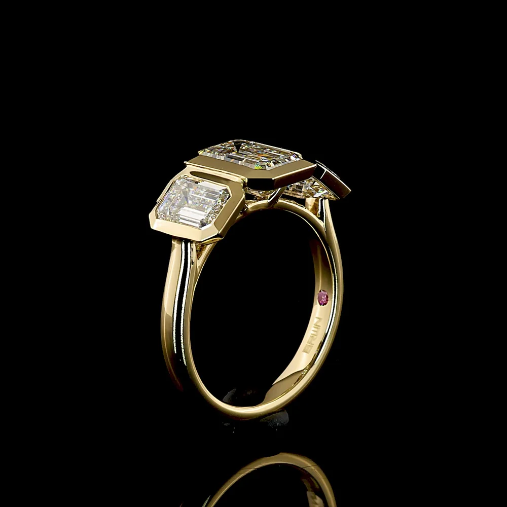 14K Yellow Gold Three-Stone Ring with 4.02 Carat Total Weight Emerald Cut CVD Lab Diamonds in Bezel Settings - Covaloro Fine Jewelry - Image 4
