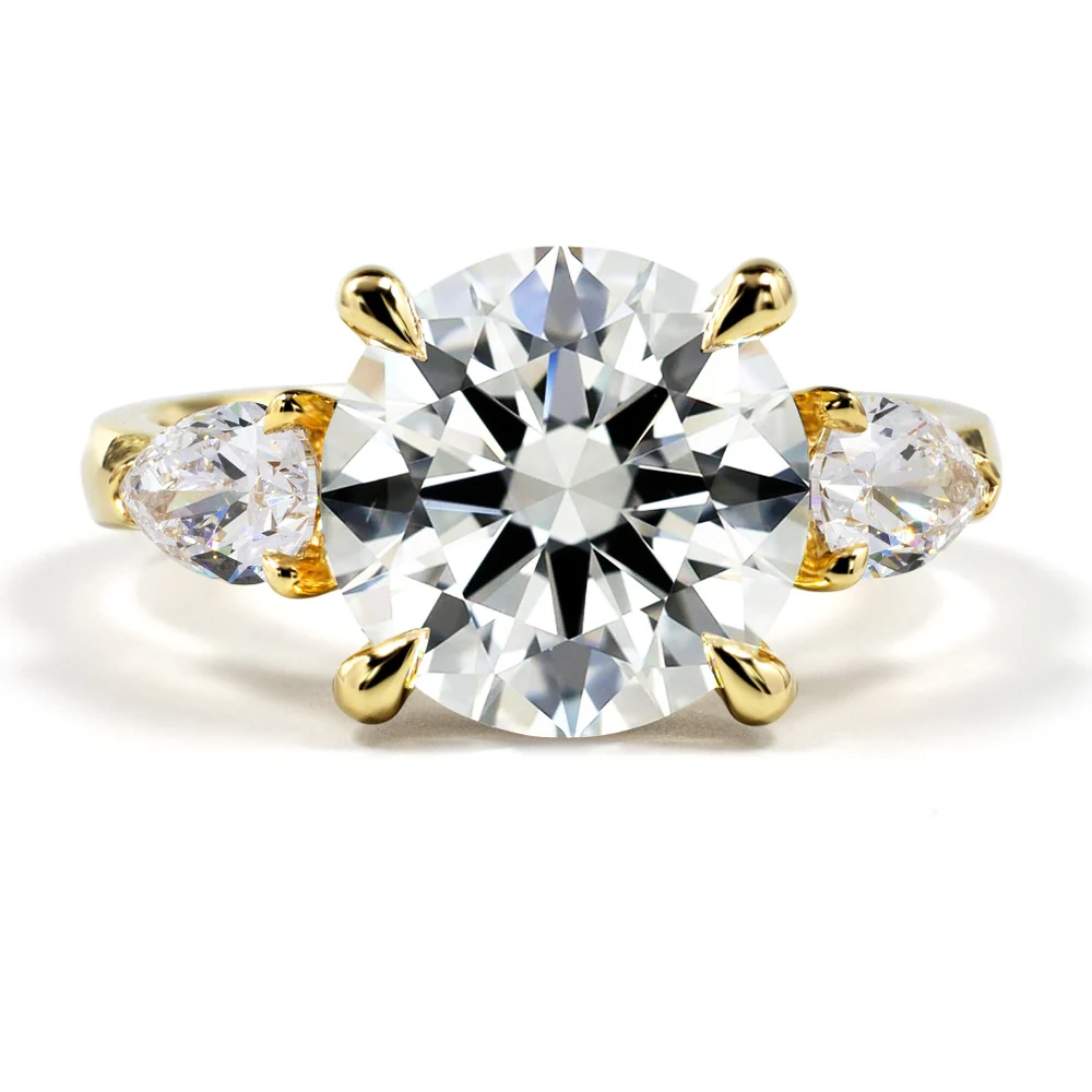 14K Yellow Gold Three-Stone Ring with 4.07 Carat Round Brilliant Cut Lab Diamond and 0.76 Carat Pear Shape Lab Diamond Side Stones - 4.83 Carat Total Diamond Weight, GIA Certified D VVS2 - Covaloro Fine Jewelry