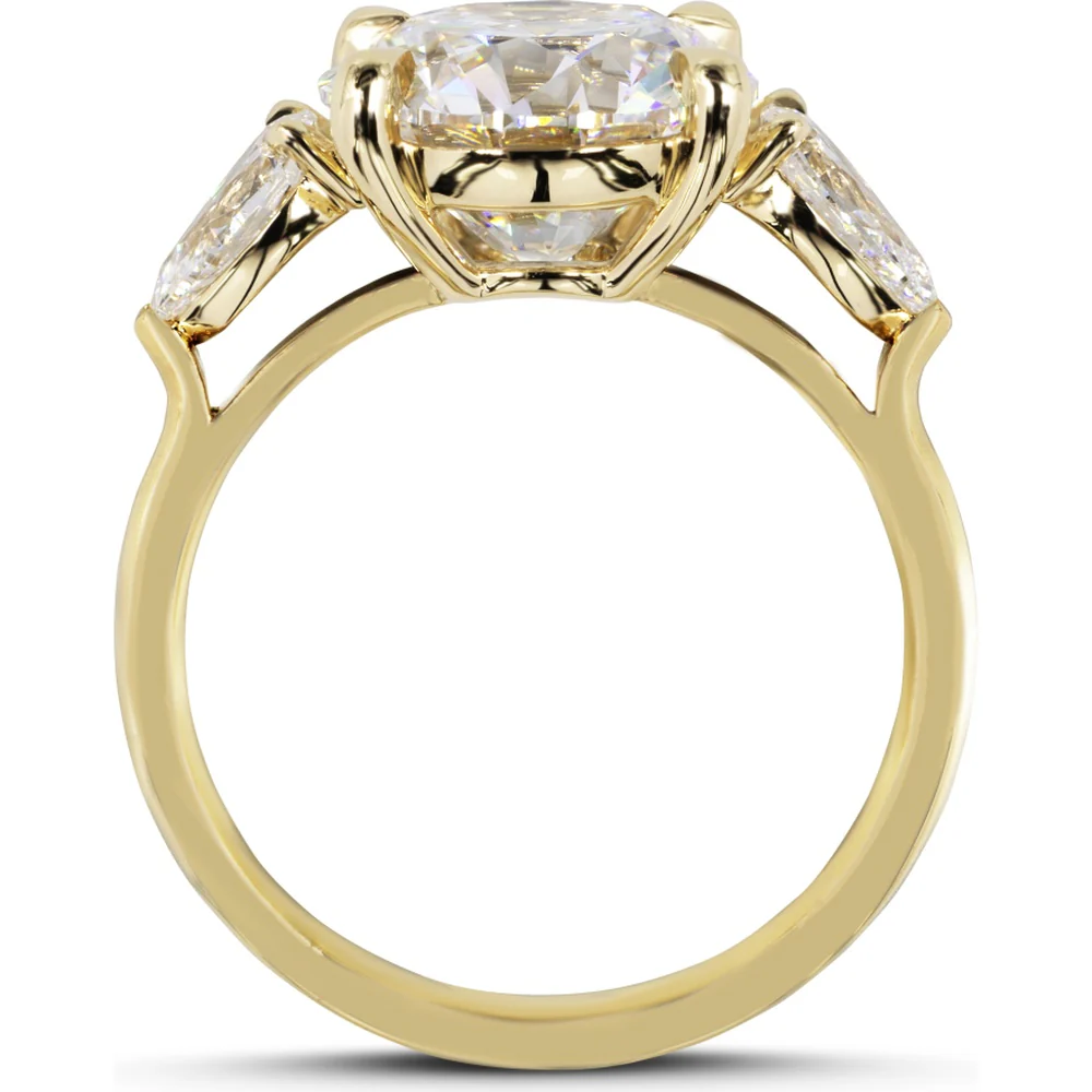 14K Yellow Gold Three-Stone Ring with 4.07 Carat Round Brilliant Cut Lab Diamond and 0.76 Carat Pear Shape Lab Diamond Side Stones - 4.83 Carat Total Diamond Weight, GIA Certified D VVS2 - Covaloro Fine Jewelry - Image 2