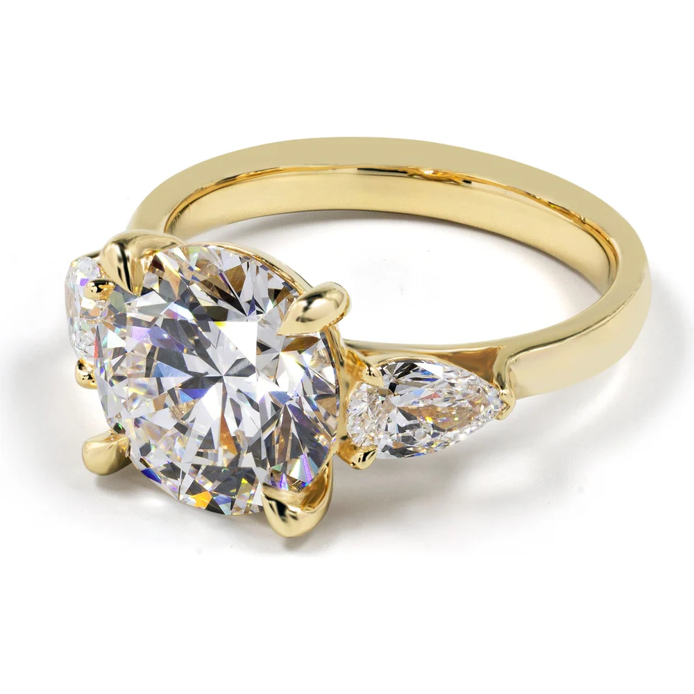 14K Yellow Gold Three-Stone Ring with 4.07 Carat Round Brilliant Cut Lab Diamond and 0.76 Carat Pear Shape Lab Diamond Side Stones - 4.83 Carat Total Diamond Weight, GIA Certified D VVS2 - Covaloro Fine Jewelry - Image 4