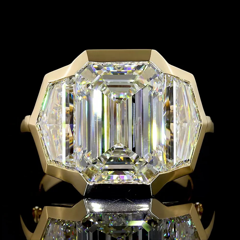 14K Yellow Gold Three Stone Ring with 7.07 Carats Emerald Cut Lab Diamond and Matching Cadillac Cut Side Stones - 10.07 Total Carat IGI Certified - Covaloro Fine Jewelry - Image 2