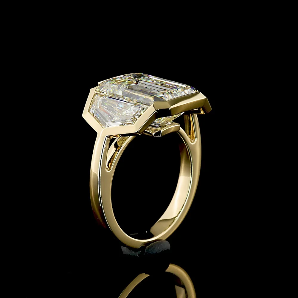 14K Yellow Gold Three Stone Ring with 7.07 Carats Emerald Cut Lab Diamond and Matching Cadillac Cut Side Stones - 10.07 Total Carat IGI Certified - Covaloro Fine Jewelry - Image 4