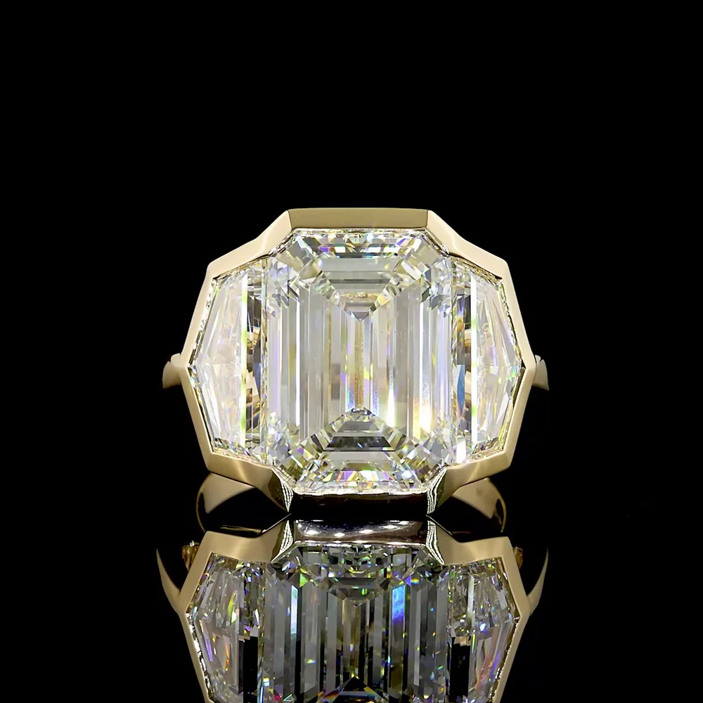 14K Yellow Gold Three Stone Ring with 8.14 Carats Emerald Cut Lab Diamond & 2.91 Carats Cadillac Diamond Side Stones, IGI Certified F VS1/VVS2 - 11.05 Carats Total Diamond Weight - Covaloro Fine Jewelry