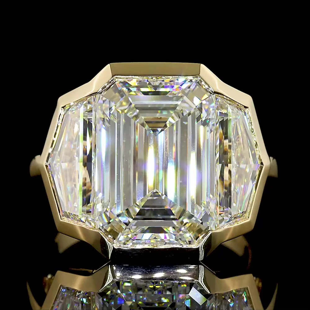 14K Yellow Gold Three Stone Ring with 8.14 Carats Emerald Cut Lab Diamond & 2.91 Carats Cadillac Diamond Side Stones, IGI Certified F VS1/VVS2 - 11.05 Carats Total Diamond Weight - Covaloro Fine Jewelry - Image 2
