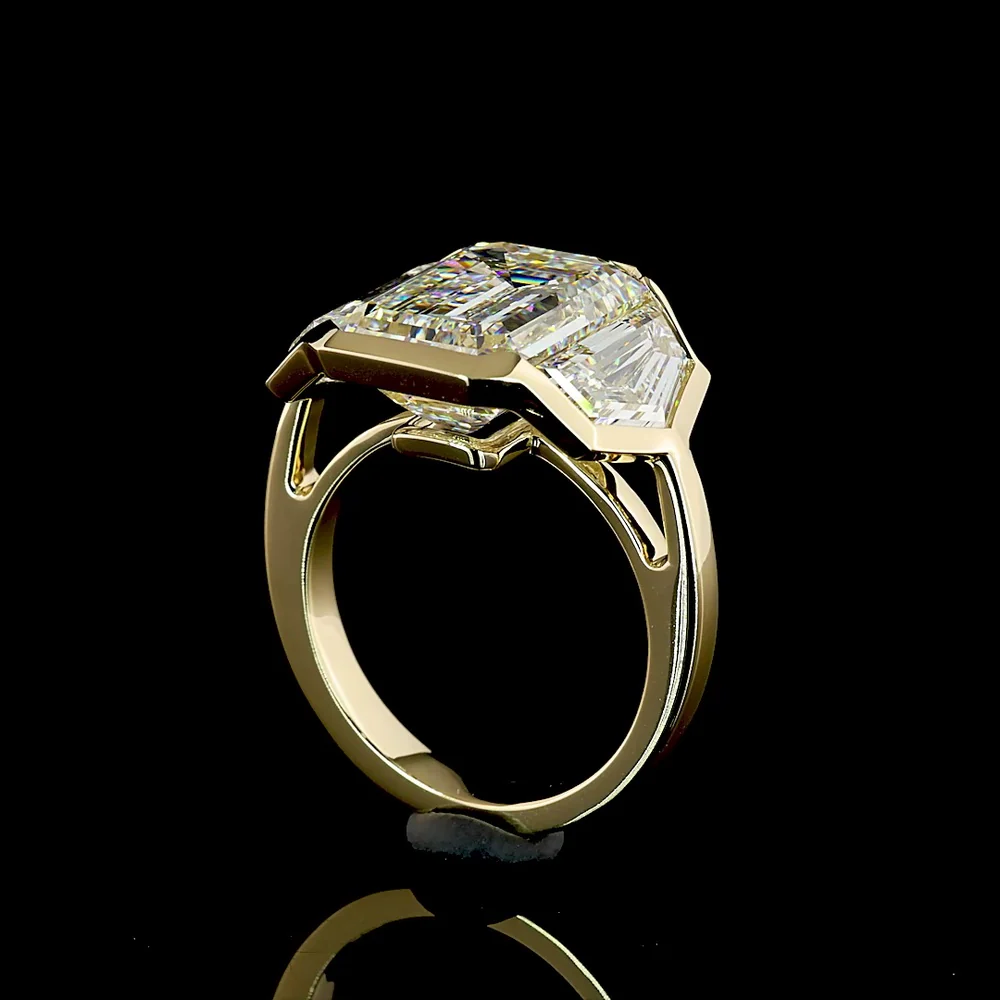 14K Yellow Gold Three Stone Ring with 8.14 Carats Emerald Cut Lab Diamond & 2.91 Carats Cadillac Diamond Side Stones, IGI Certified F VS1/VVS2 - 11.05 Carats Total Diamond Weight - Covaloro Fine Jewelry - Image 3