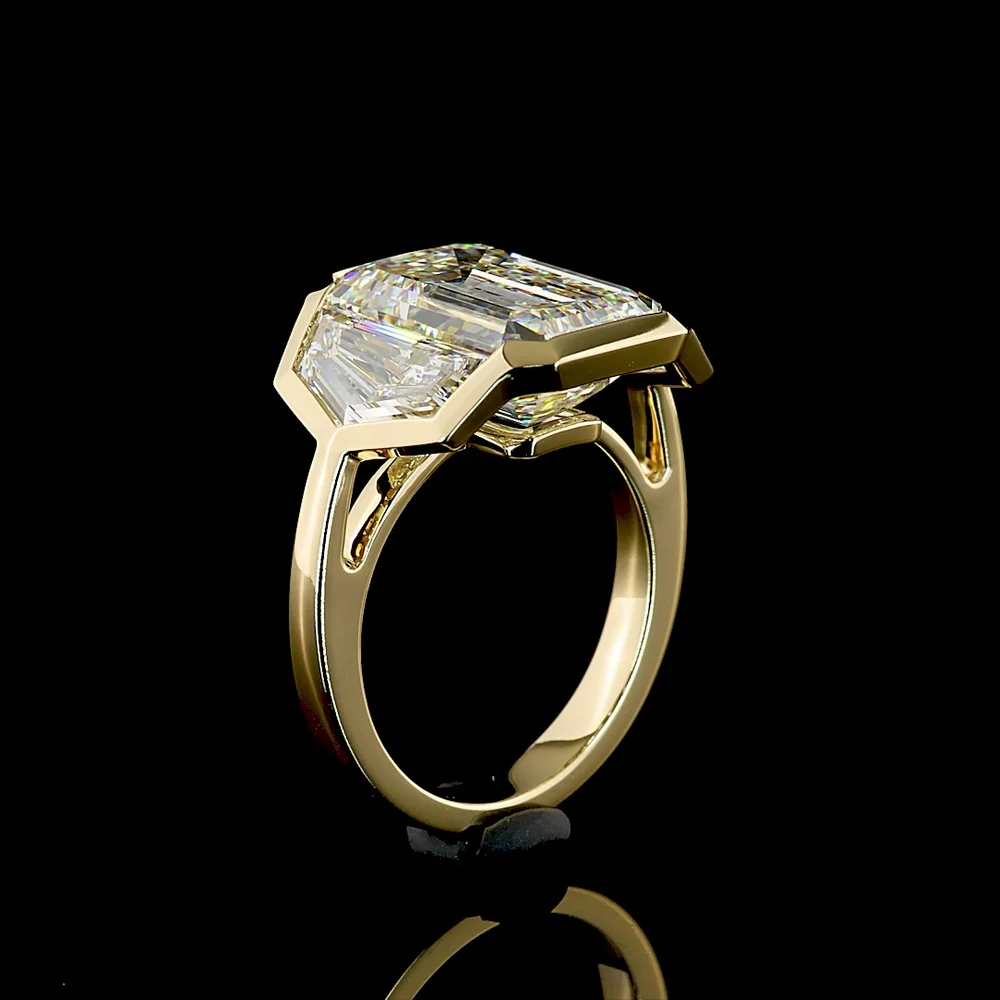 14K Yellow Gold Three Stone Ring with 8.14 Carats Emerald Cut Lab Diamond & 2.91 Carats Cadillac Diamond Side Stones, IGI Certified F VS1/VVS2 - 11.05 Carats Total Diamond Weight - Covaloro Fine Jewelry - Image 4