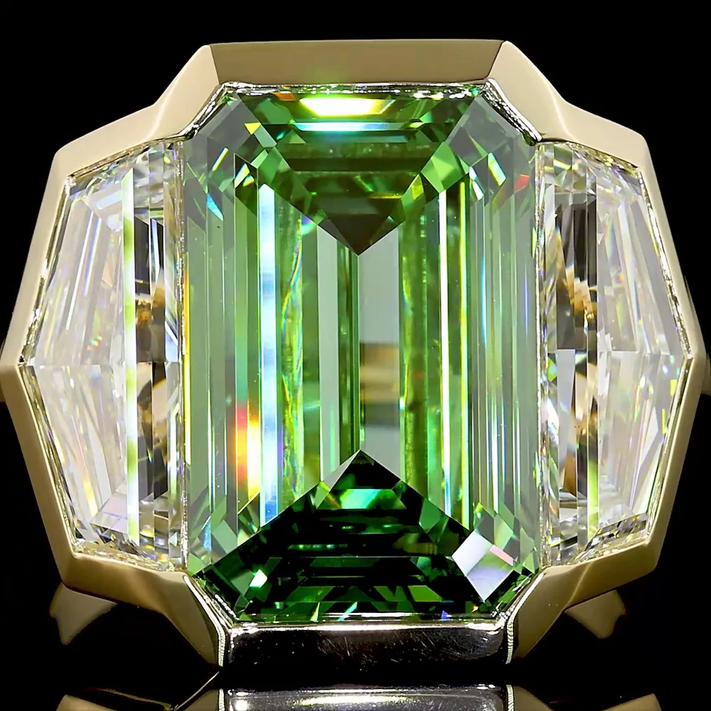 14K Yellow Gold Three Stone Ring with 9.04 Carat Emerald Cut Vivid Green Lab Diamond and 3.75 Carat Total Cadillac Cut White Lab Diamonds - 12.79 Carat Total Weight - Covaloro Fine Jewelry - Image 2
