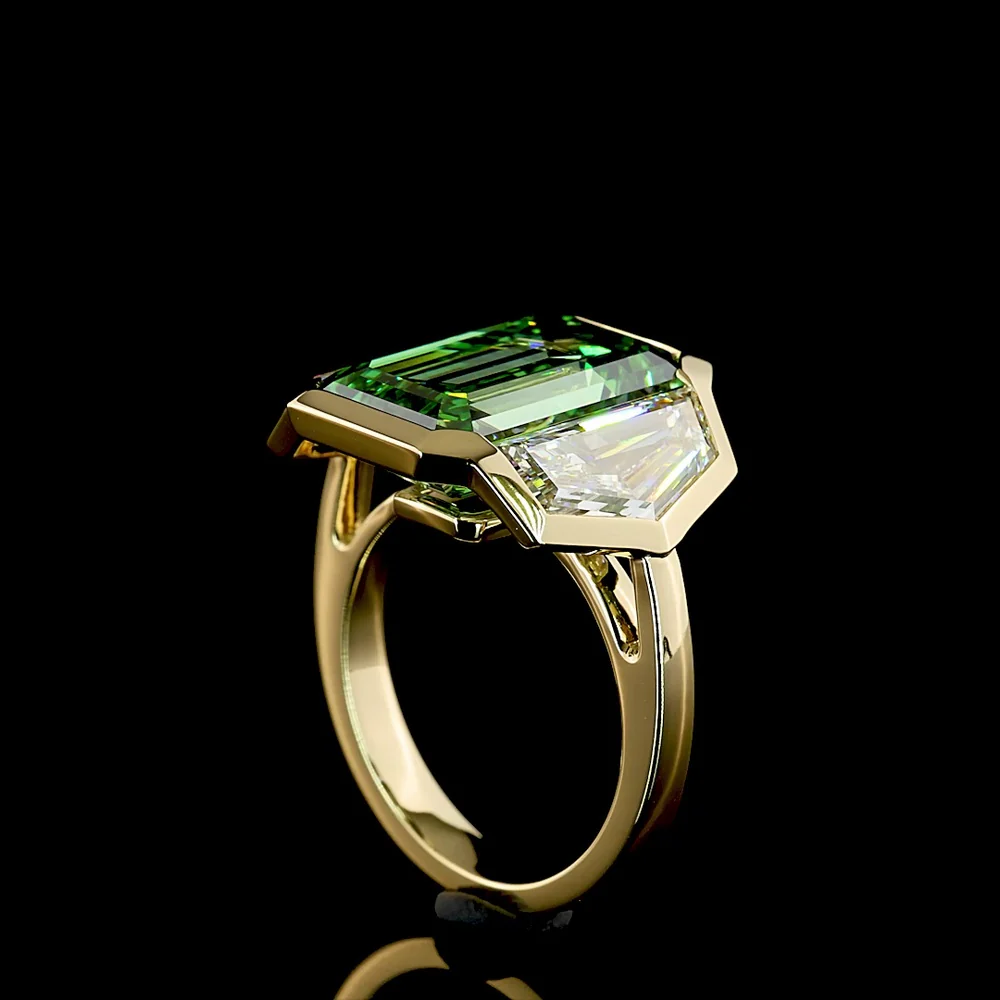 14K Yellow Gold Three Stone Ring with 9.04 Carat Emerald Cut Vivid Green Lab Diamond and 3.75 Carat Total Cadillac Cut White Lab Diamonds - 12.79 Carat Total Weight - Covaloro Fine Jewelry - Image 3