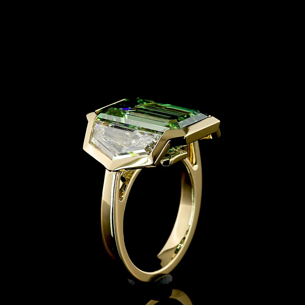 14K Yellow Gold Three Stone Ring with 9.04 Carat Emerald Cut Vivid Green Lab Diamond and 3.75 Carat Total Cadillac Cut White Lab Diamonds - 12.79 Carat Total Weight - Covaloro Fine Jewelry - Image 4