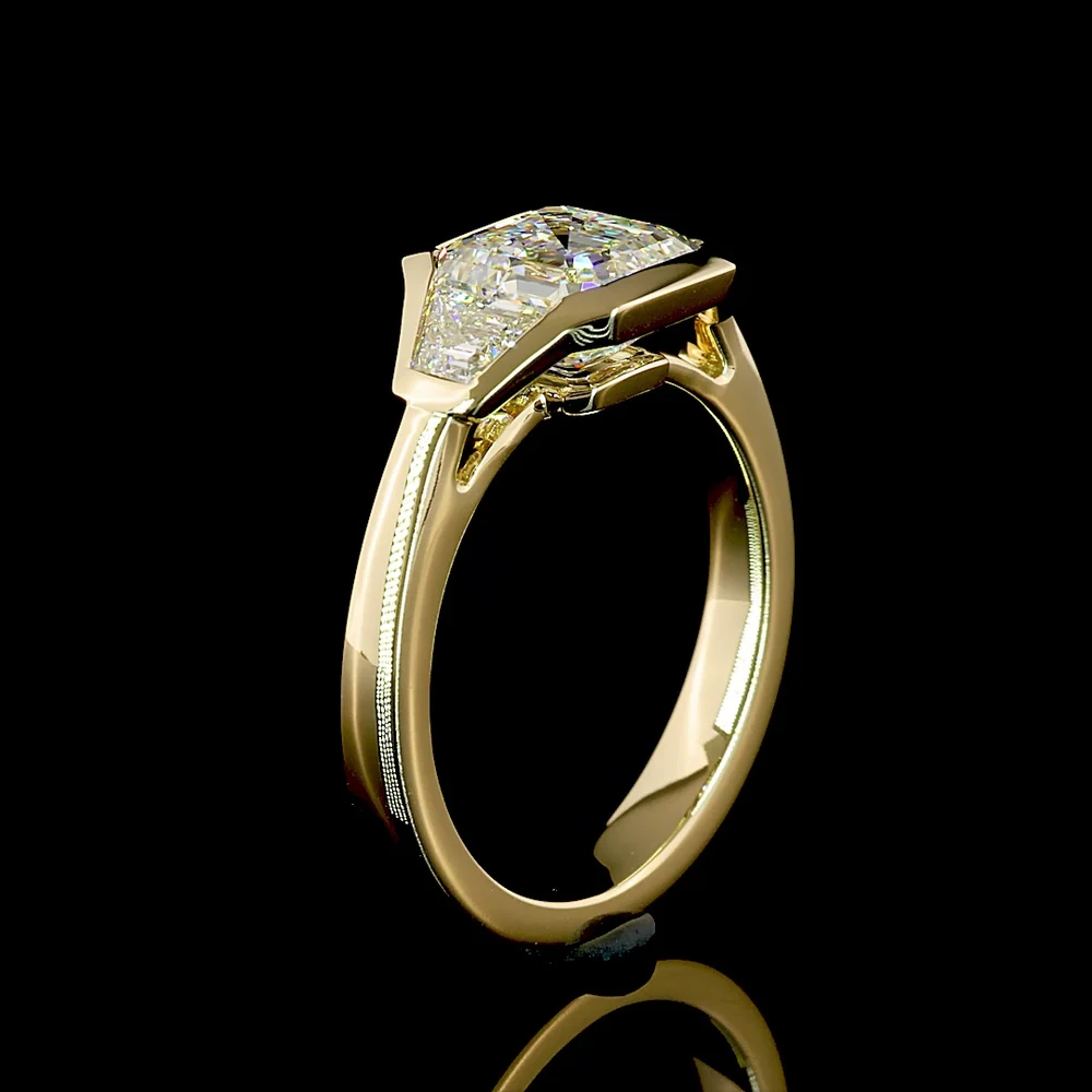 14K Yellow Gold Three Stone Ring with Asscher Cut Lab Diamond Center and Trapezoid Side Stones - 2.62 Carat Total Diamond Weight - Covaloro Fine Jewelry - Image 4