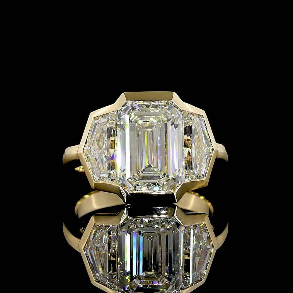 14K Yellow Gold Three Stone Ring with Bezel Set 4.14 Carats Emerald Cut Lab Diamond and Cadillac Cut Sidestones - 6.02 Carats Total Diamond Weight - Covaloro Fine Jewelry