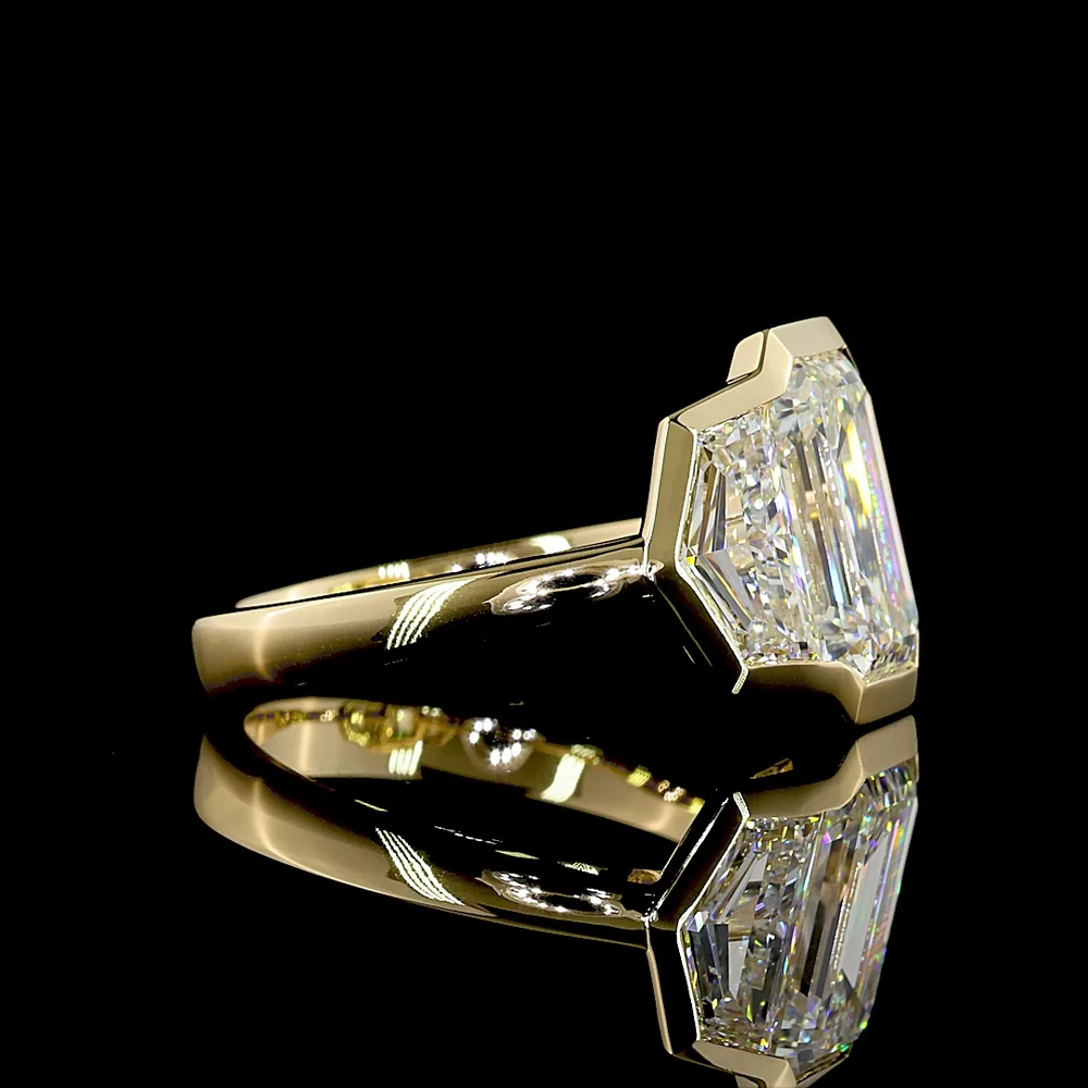 14K Yellow Gold Three Stone Ring with Bezel Set 4.14 Carats Emerald Cut Lab Diamond and Cadillac Cut Sidestones - 6.02 Carats Total Diamond Weight - Covaloro Fine Jewelry - Image 2