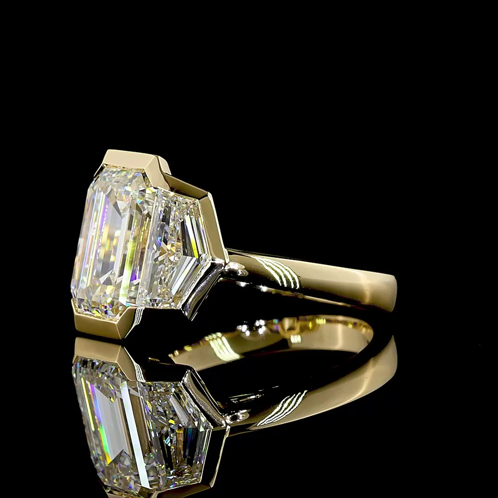 14K Yellow Gold Three Stone Ring with Bezel Set 4.14 Carats Emerald Cut Lab Diamond and Cadillac Cut Sidestones - 6.02 Carats Total Diamond Weight - Covaloro Fine Jewelry - Image 3