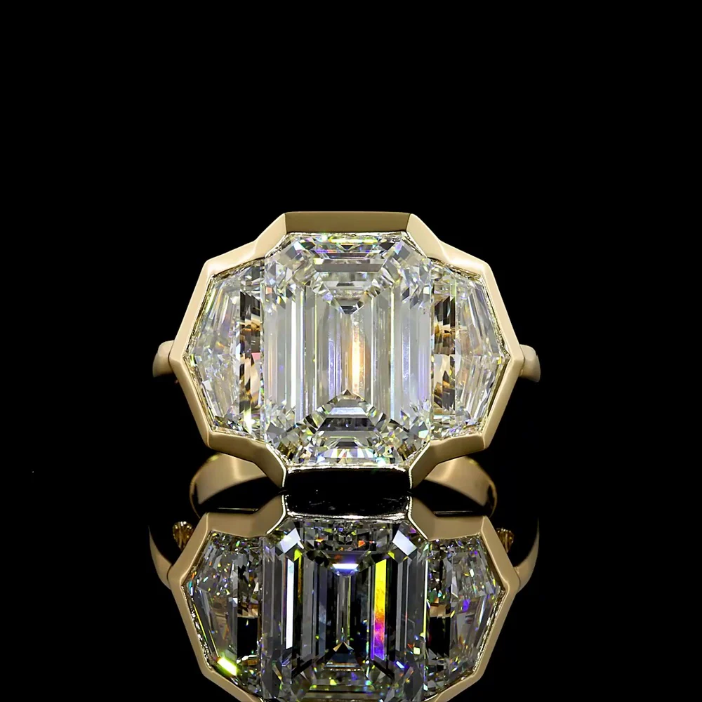 14K Yellow Gold Three Stone Ring with Bezel Set Emerald Cut and Cadillac Cut Lab Diamonds - 8.86 Carats Total Diamond Weight - Covaloro Fine Jewelry