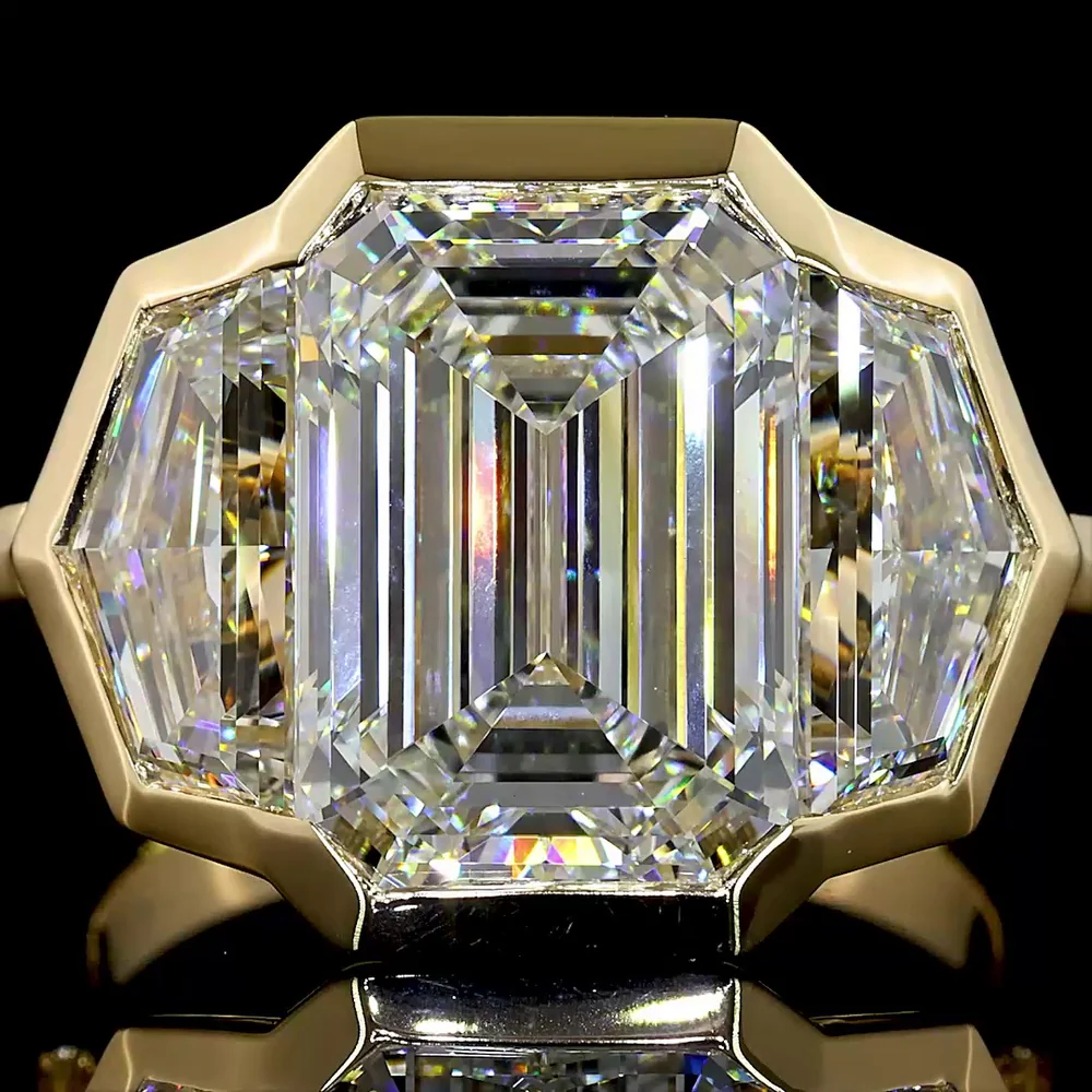 14K Yellow Gold Three Stone Ring with Bezel Set Emerald Cut and Cadillac Cut Lab Diamonds - 8.86 Carats Total Diamond Weight - Covaloro Fine Jewelry - Image 2