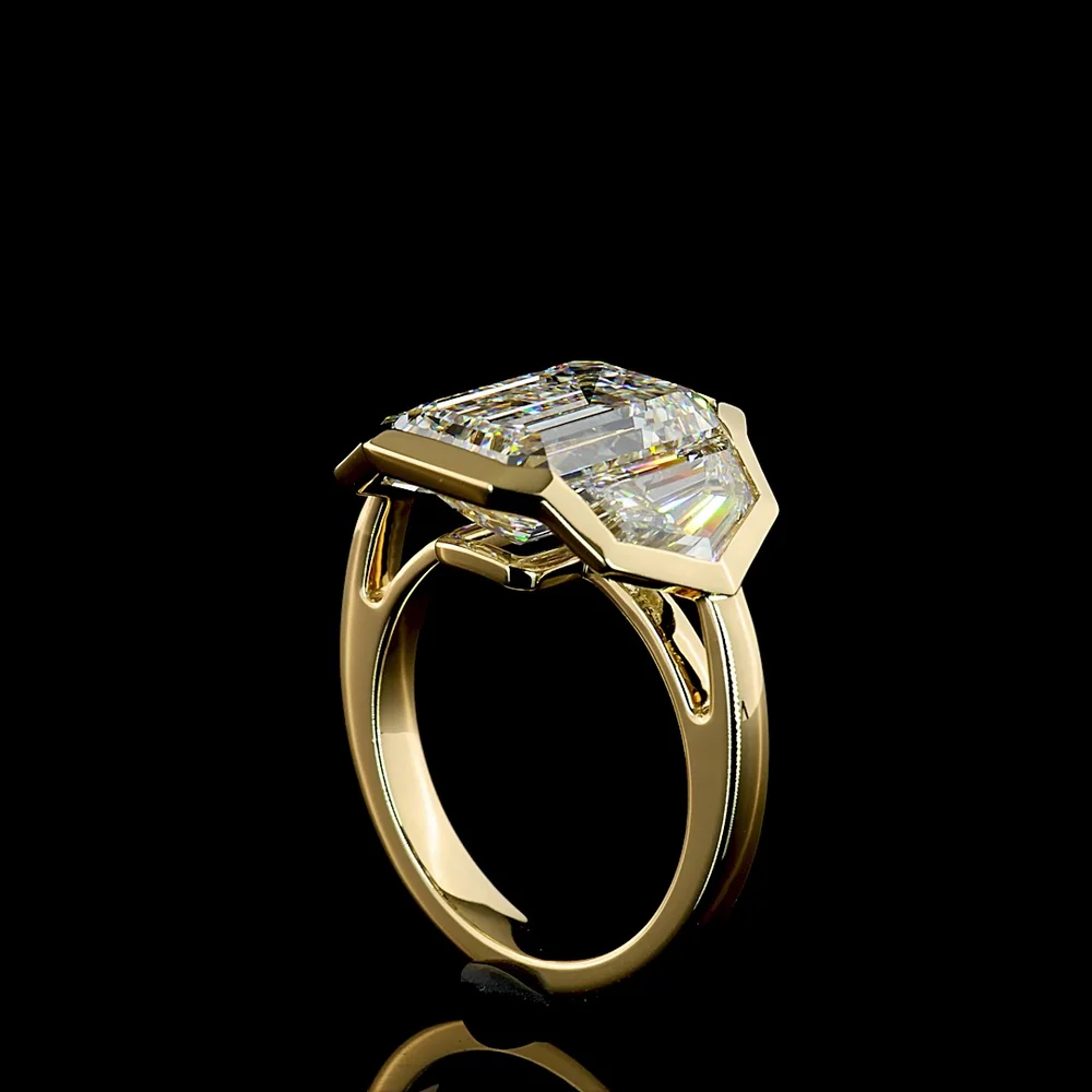 14K Yellow Gold Three Stone Ring with Bezel Set Emerald Cut and Cadillac Cut Lab Diamonds - 8.86 Carats Total Diamond Weight - Covaloro Fine Jewelry - Image 3