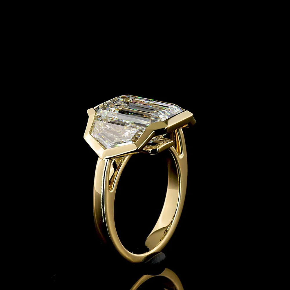 14K Yellow Gold Three Stone Ring with Bezel Set Emerald Cut and Cadillac Cut Lab Diamonds - 8.86 Carats Total Diamond Weight - Covaloro Fine Jewelry - Image 4