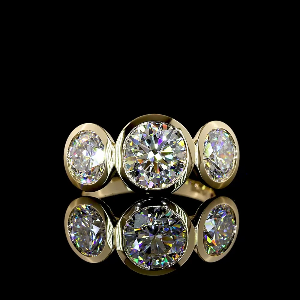 14K Yellow Gold Three Stone Ring with Bezel Set Round Brilliant Cut Lab Diamonds - 4.01 Carat Total Diamond Weight (1.91 Carat Center D VVS2) - Covaloro Fine Jewelry
