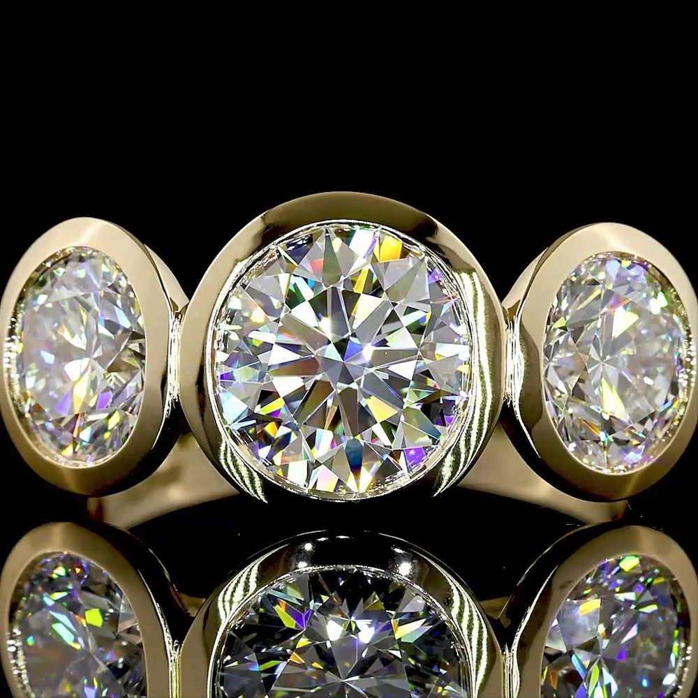 14K Yellow Gold Three Stone Ring with Bezel Set Round Brilliant Cut Lab Diamonds - 4.01 Carat Total Diamond Weight (1.91 Carat Center D VVS2) - Covaloro Fine Jewelry - Image 2