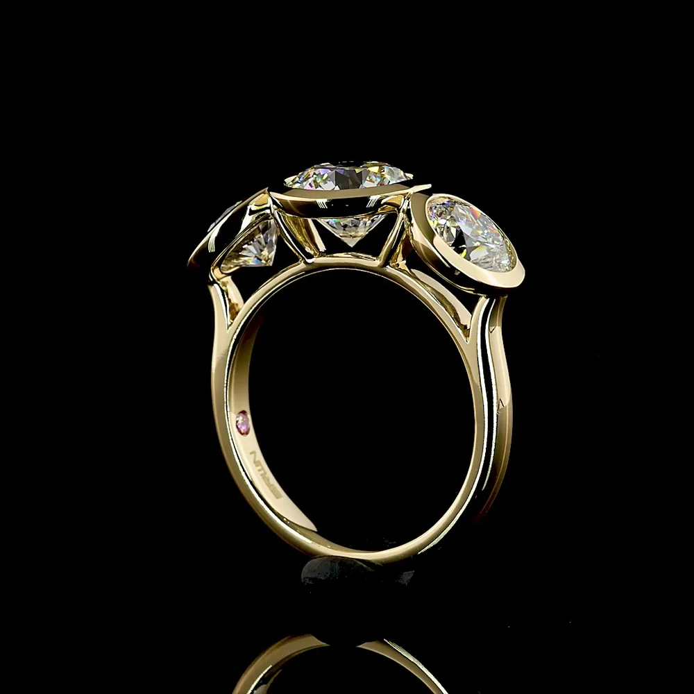 14K Yellow Gold Three Stone Ring with Bezel Set Round Brilliant Cut Lab Diamonds - 4.01 Carat Total Diamond Weight (1.91 Carat Center D VVS2) - Covaloro Fine Jewelry - Image 3