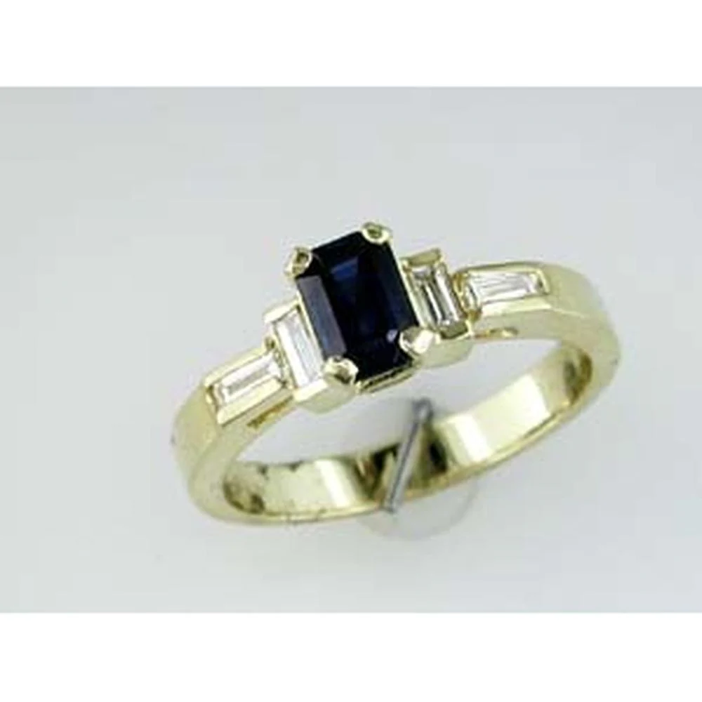 14K Yellow Gold Three-Stone Ring with Emerald Cut Blue Sapphire and Baguette Diamonds - 0.80 Carat Sapphire & 0.40 Carat Diamond Weight - Royal Jewelry