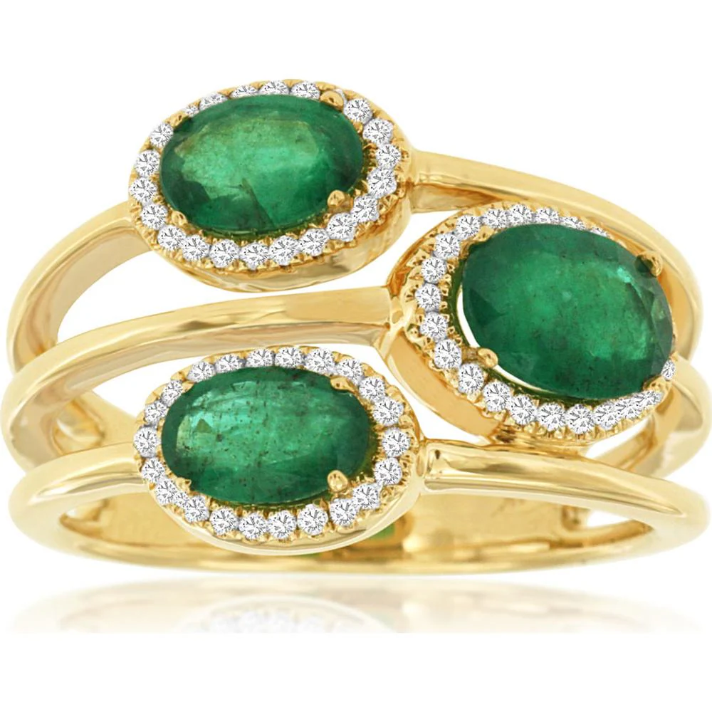 14K Yellow Gold Three-Stone Ring with Oval-Cut Emerald Halos and Diamond Accents - 1.58 Carat Total Emerald Weight, 0.20 Carat Total Diamond Weight - Royal Jewelry