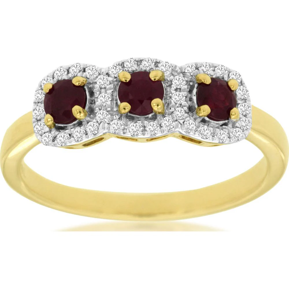 14K Yellow Gold Three Stone Round Ruby and Diamond Halo Ring - 0.43 Carat Total Ruby Weight and 0.15 Carat Total Diamond Weight - Royal Jewelry