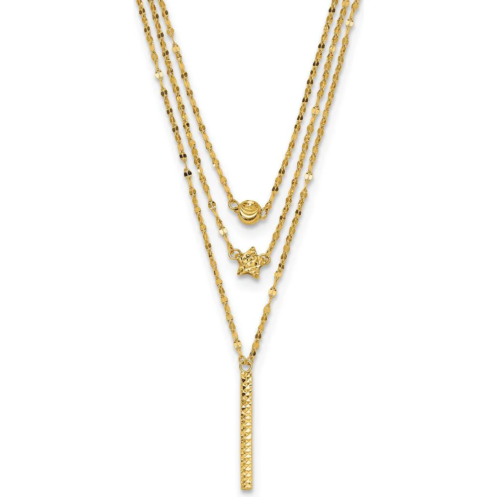 14K Yellow Gold Three Strand Necklace with Diamond-Cut Beads, Star, and Bar Pendant - 18" Length by Oro Pregiato