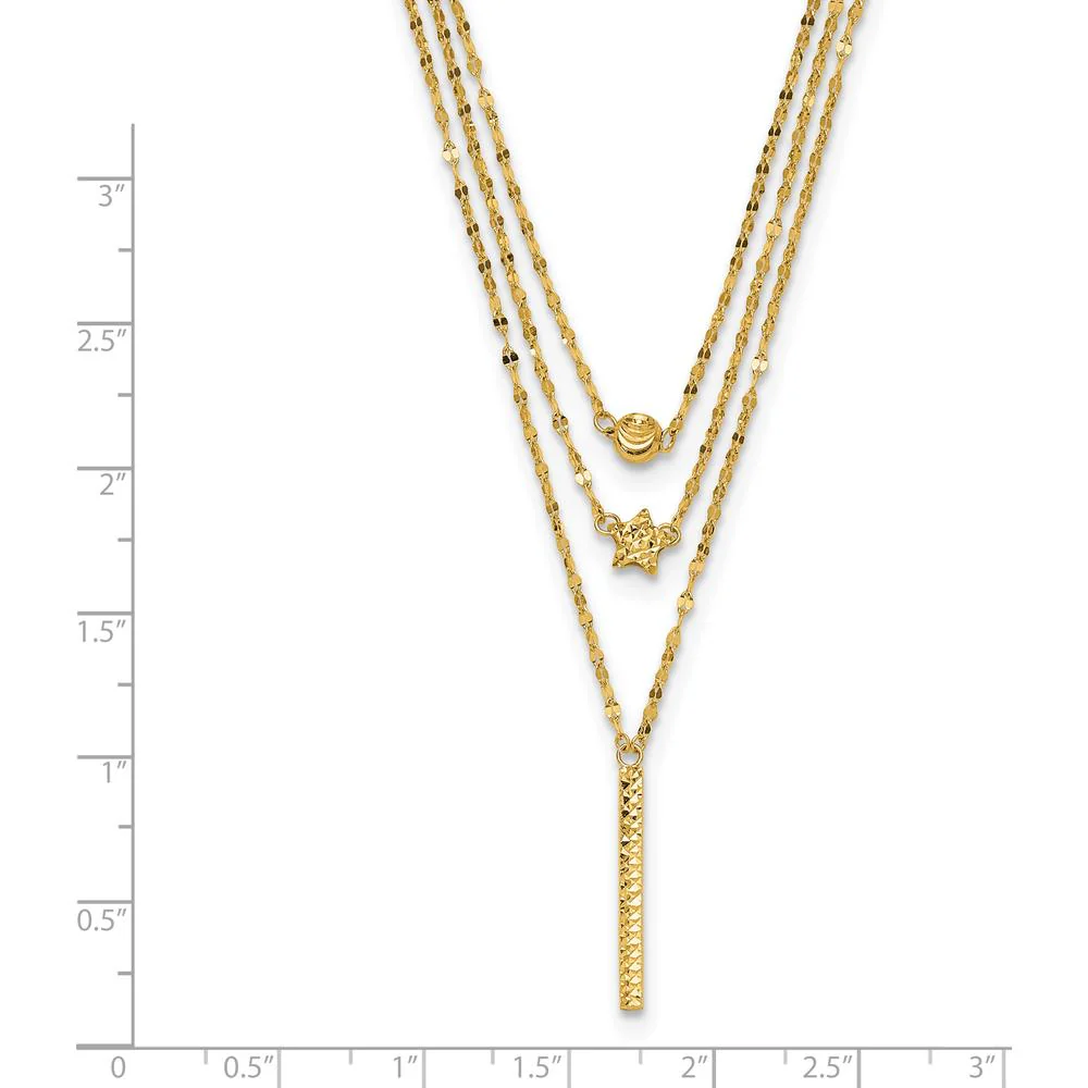 14K Yellow Gold Three Strand Necklace with Diamond-Cut Beads, Star, and Bar Pendant - 18" Length by Oro Pregiato - Image 4