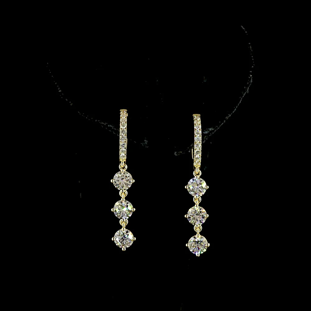 14K Yellow Gold Three-Tier Drop Earrings with 2.02 Carat Total Weight Round Brilliant Cut Lab Diamonds - E-F Color VS1 Clarity - Covaloro Fine Jewelry