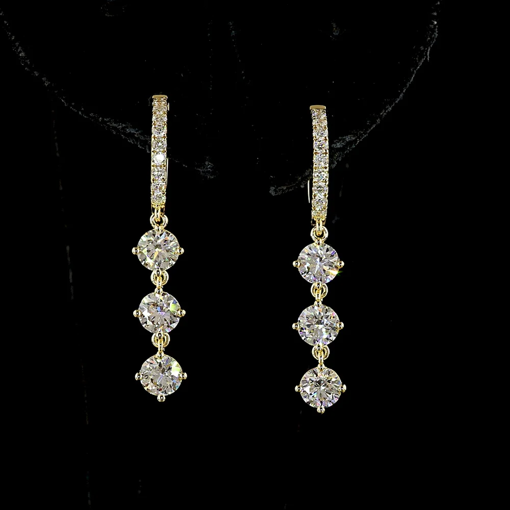 14K Yellow Gold Three-Tier Drop Earrings with 2.02 Carat Total Weight Round Brilliant Cut Lab Diamonds - E-F Color VS1 Clarity - Covaloro Fine Jewelry - Image 2