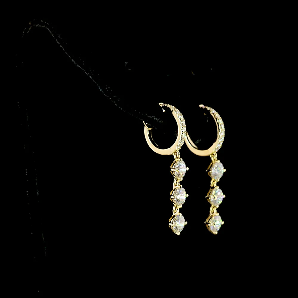 14K Yellow Gold Three-Tier Drop Earrings with 2.02 Carat Total Weight Round Brilliant Cut Lab Diamonds - E-F Color VS1 Clarity - Covaloro Fine Jewelry - Image 3