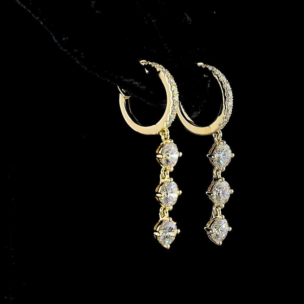 14K Yellow Gold Three-Tier Drop Earrings with 2.02 Carat Total Weight Round Brilliant Cut Lab Diamonds - E-F Color VS1 Clarity - Covaloro Fine Jewelry - Image 4