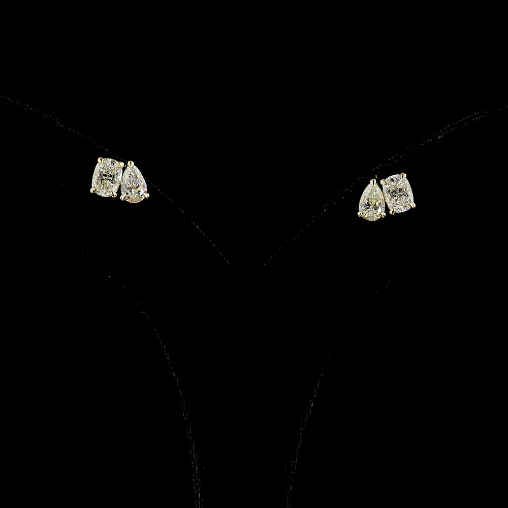 14K Yellow Gold Toi et Moi Earrings with Cushion Brilliant and Pear Shape Lab Diamonds - 2.05 Carat Total Diamond Weight - Covaloro Fine Jewelry