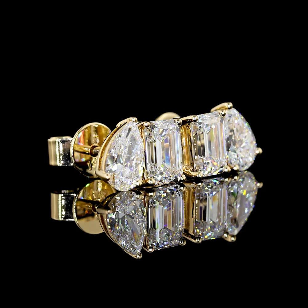 14K Yellow Gold Toi et Moi Earrings with Emerald Cut and Pear Shape Lab Diamonds - 3.36 Carats Total Diamond Weight - Covaloro Fine Jewelry