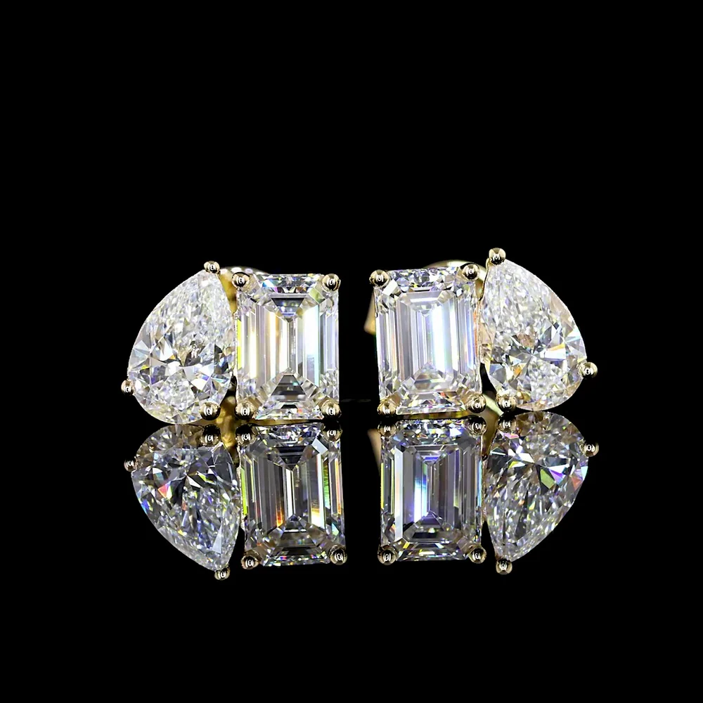 14K Yellow Gold Toi et Moi Earrings with Emerald Cut and Pear Shape Lab Diamonds - 3.36 Carats Total Diamond Weight - Covaloro Fine Jewelry - Image 2