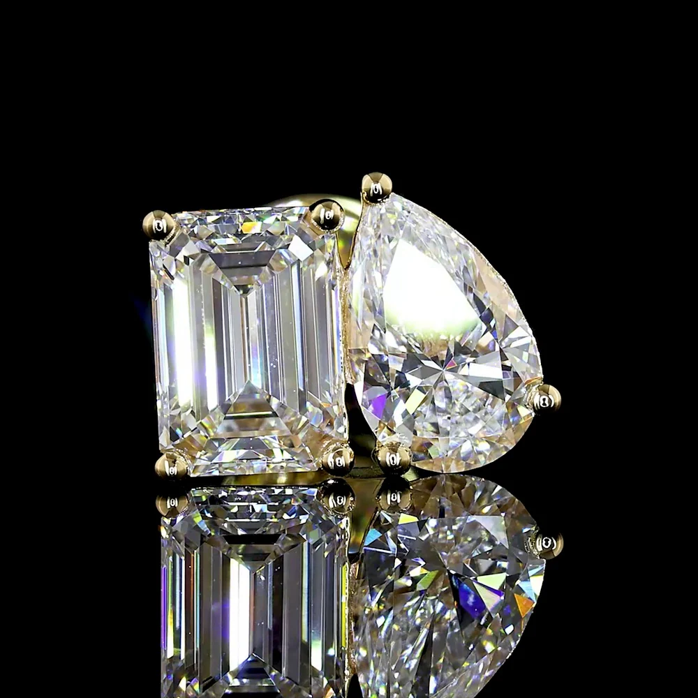 14K Yellow Gold Toi et Moi Earrings with Emerald Cut and Pear Shape Lab Diamonds - 3.36 Carats Total Diamond Weight - Covaloro Fine Jewelry - Image 3