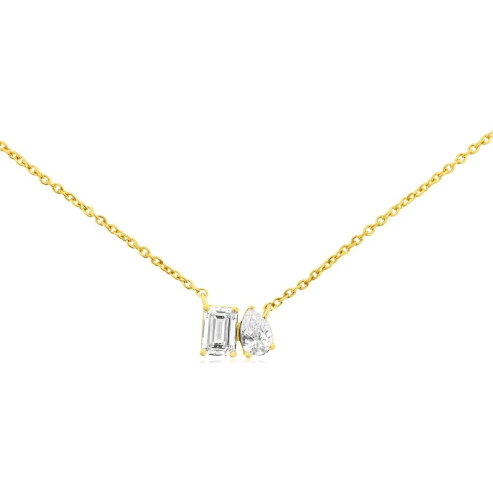 14K Yellow Gold Toi et Moi Necklace with Emerald Cut and Pear Cut Diamonds - 0.80 Carat Total Diamond Weight - Royal Jewelry