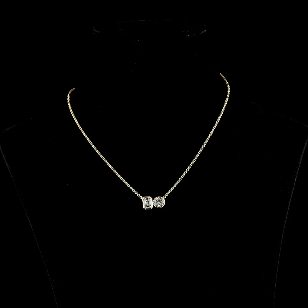 14K Yellow Gold Toi et Moi Pendant with 1.21 Carat Emerald Cut and 1.01 Carat Round Brilliant Lab Diamonds - 2.22 Total Carat Weight - Covaloro Fine Jewelry