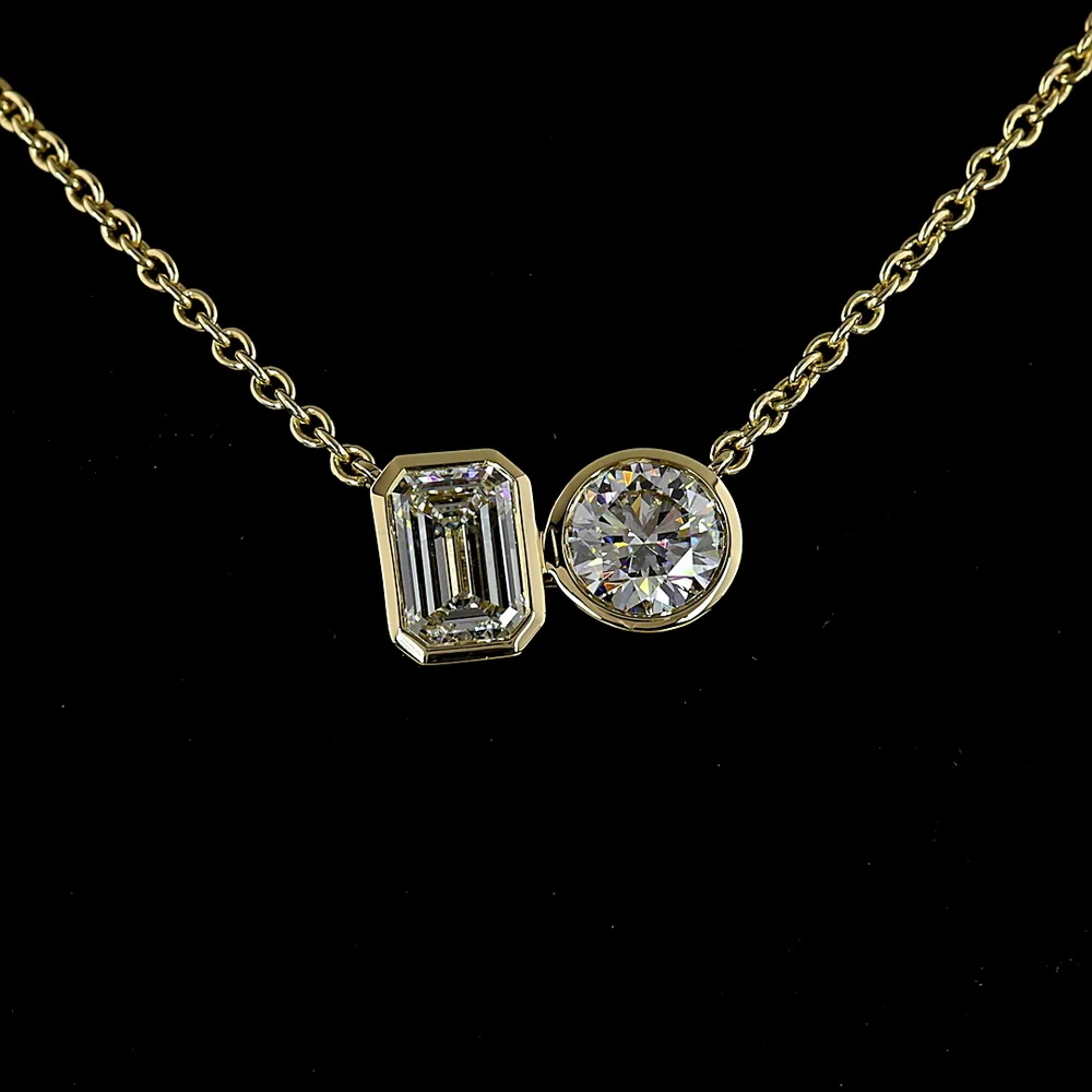 14K Yellow Gold Toi et Moi Pendant with 1.21 Carat Emerald Cut and 1.01 Carat Round Brilliant Lab Diamonds - 2.22 Total Carat Weight - Covaloro Fine Jewelry - Image 2