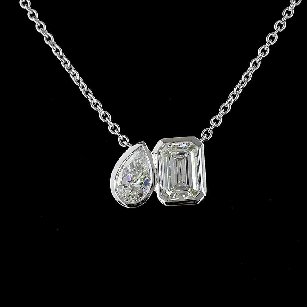 14K Yellow Gold Toi et Moi Pendant with 2.01 Carats Emerald Cut and 0.89 Carats Pear Shape Lab Diamonds - 2.90 Carats Total Diamond Weight - Covaloro Fine Jewelry - Image 2